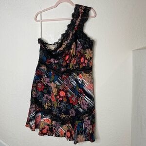 Foxiedox Anthropologie One Shoulder Mini Lace Floral Dress Size 14 Multicolor